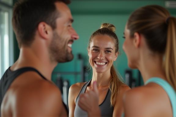 Smiling trainers interacting with clients in a modern studio